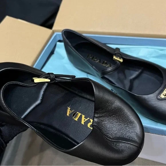 Prada Women's Black Leather Flats with Logo Detail - Picture 8 of 9